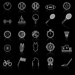 Sport line icons with reflect on black