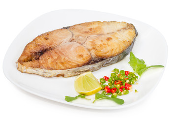 King mackerel steak on white background,fried fish