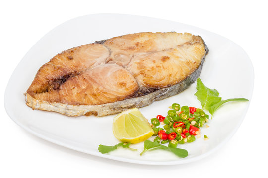 King mackerel steak on white background,fried fish