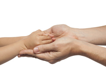 father and son holding hands on white background