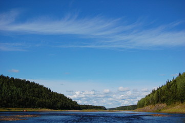 Beautiful landscape of the wild taiga river.