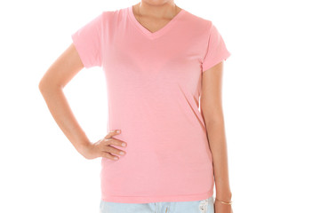 woman in blank pink t-shirt