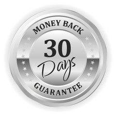 Silver money back badge on white background