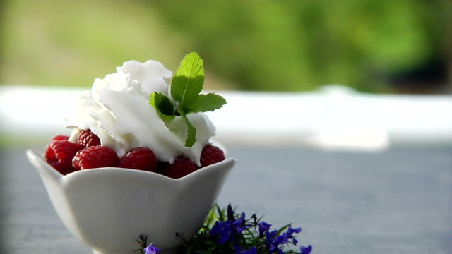 A bowl of whipped cream and raspberries