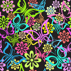 Seamless colorful pattern with butterflies and flowers. - 84076090