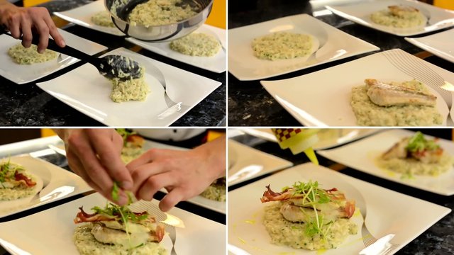 chef prepares foods for serving - plates