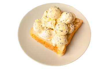 Ice cream on a slice of bread isolated on white background