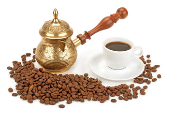cup of coffee , coffee pot and coffee beans