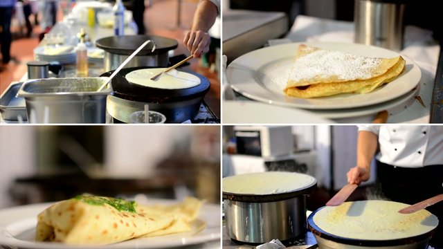 4K montage (compilation) - chef prepares a pancake - chef gives the ingredients on pancakes on plate -