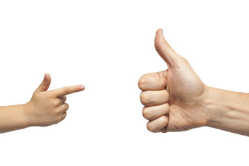 father and son giving like and pointing on white background