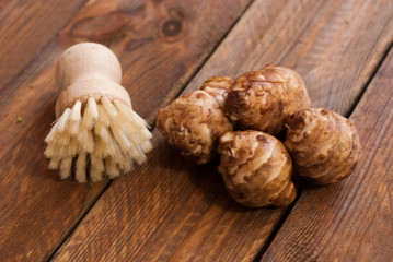sunroots with brush on raw wooden table