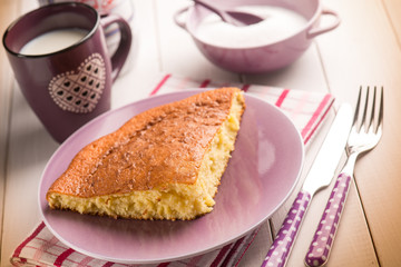 breakfast with homemade pie, selective focus
