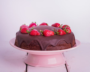 Chocolate cake with strawberry. Selective focus.