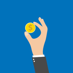 Golden coin in hand vector concept in flat style