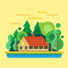 House in  forest, summer landscape