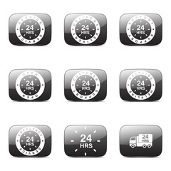 24 Hours Services Square Vector Black Button Icon Design Set