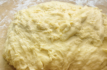 Closeup piece of kneaded yeasty raw dough