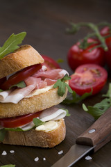 Delicious sandwich on rustic background