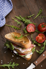 Delicious sandwich on rustic background