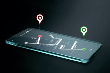 Map and navigation icons on transparent smartphone screen