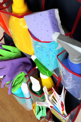 Household chemicals in holder, closeup