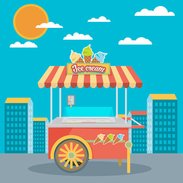 Shiny colorful ice cream cart vector illustration. Awesome creat