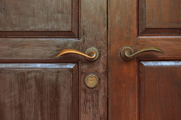 The wooden door and bronze handle