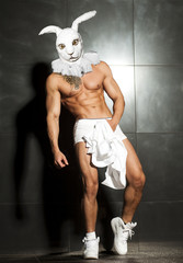 handsome sports guy with beautiful body in mask of rabbit - 84084053