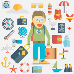 Travel vacation flat design set. Vector concept illustration. 