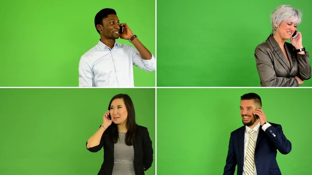 4K compilation (montage) - people phone with smartphone (caucasian woman and man, asian woman, black man) - green screen studio