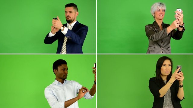 4K compilation (montage) - people take pictures with smartphone (caucasian woman and man, asian woman, black man) - green screen studio