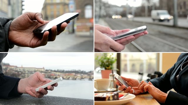 4K compilation (montage) - people work on mobile phone (closeup hands) - street, cafe and bridge