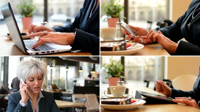 4K compilation (montage) - business woman works on notebook, tablet and mobile phone in cafe - closeup