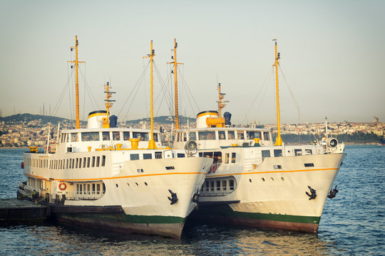 Ferries Docked At Karakoy Pier, Istanbul, Turkey