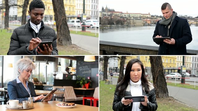 4K compilation (montage) - multicultural people work on tablet - street, park, cafe etc.