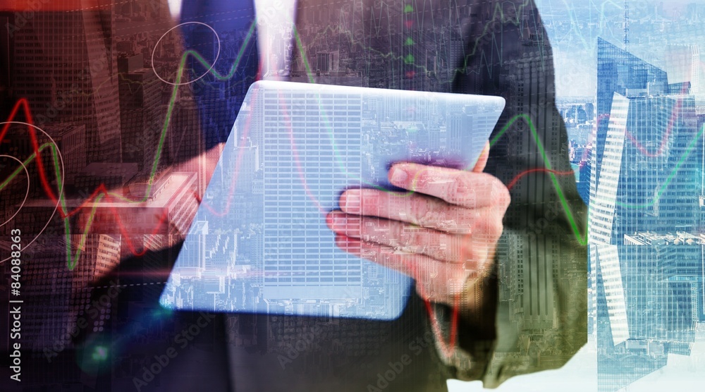 Poster composite image of businessman scrolling on his digital tablet