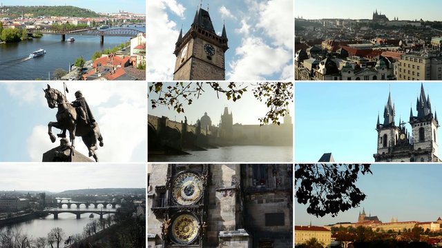 4K compilation (montage) - interesting places in Prague - buildings and statues - Charles bridge - panorama Prague - astronomical clock