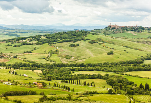 View of the town of Pienza with the typical Tuscan hills