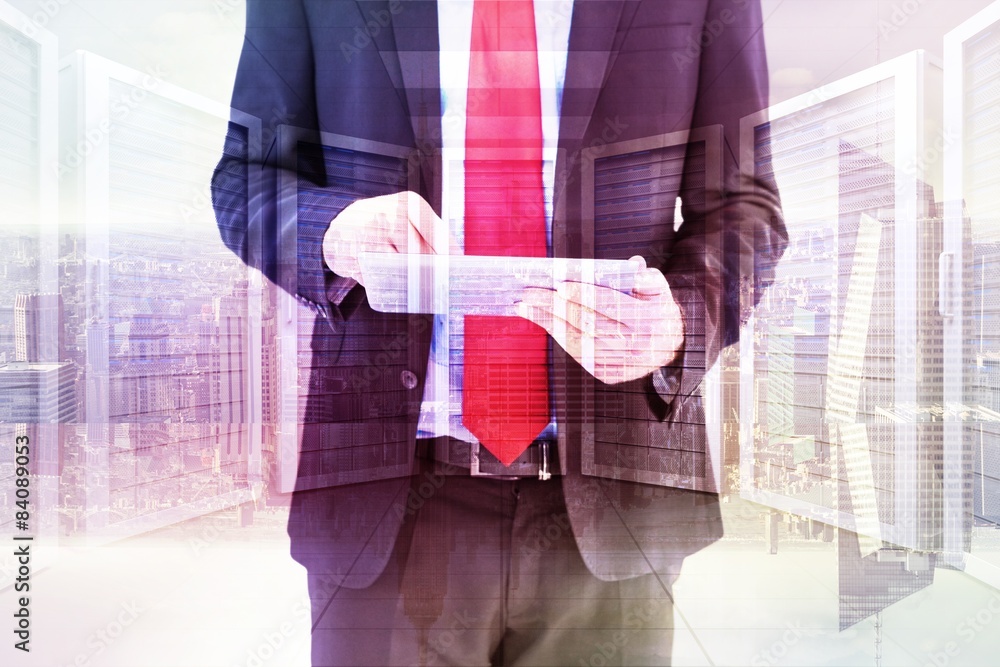 Poster composite image of businessman scrolling on his digital tablet