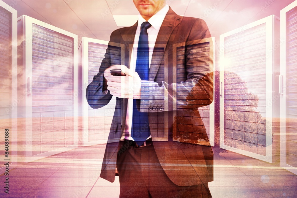 Poster composite image of focused businessman texting