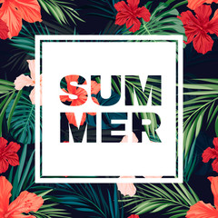 Bright colorful tropical summer poster with leaves and flowers