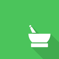 Mortar and pestle pharmacy flat icon with long shadow.