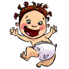 Cartoon baby girl with diapers and funny hair jumping high