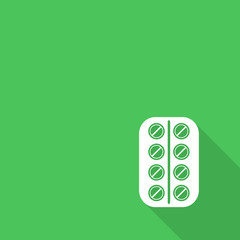 Prescription pill bottle spilling pills icon with long shadow.