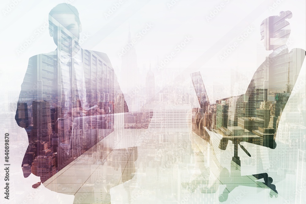 Poster composite image of happy businessman with laptop using smartphon