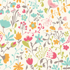 Seamless pattern with hand drawn doodle flowers