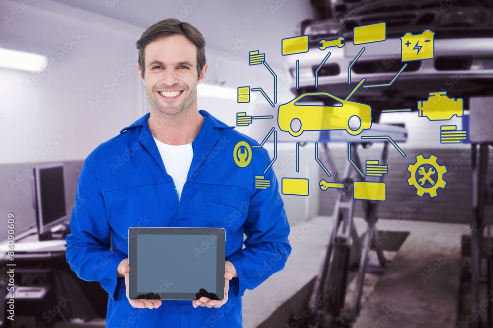 Poster composite image of happy mechanic holding digital tablet