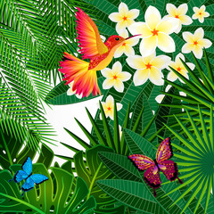 Tropical floral design background with bird, butterflies.