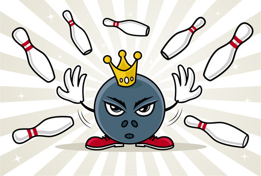 Bowling king cartoon character striking pins vector illustration