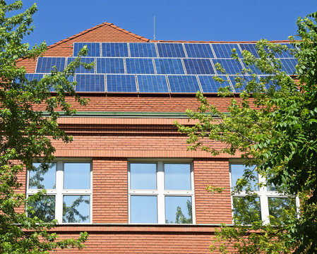Solar panels on the roof of the school building